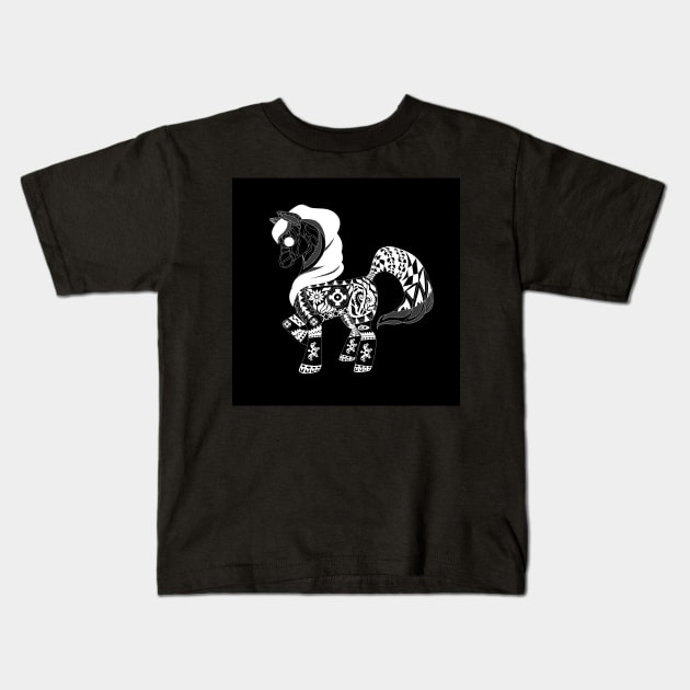 Black Pony Ecopop pattern in zentangle Kids T-Shirt by jorge_lebeau